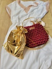 złoto bordowa torebka z złotymi paskami i złotym woreczniem, torebka z grubeg sznurka, torebka listonoszka